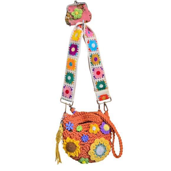 FLR PWR Transformed Macrame Crossbody bag guitar strap Small orange green Red - Picture 2 of 16